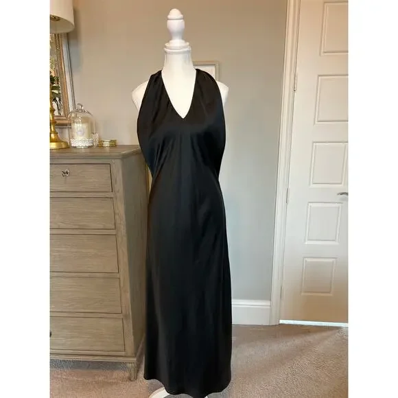 Show Me Your Mumu | Black Midi V Neck Satin Backless Halter Slip Dress | Large - Picture 3 of 16